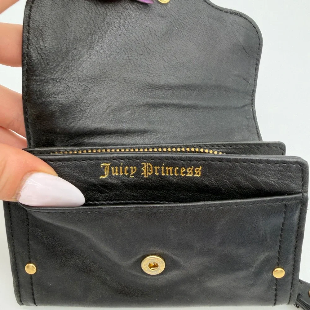Juicy Couture McBling Y2K Black Leather Rhinestone Crown Heart Key Ring Wallet